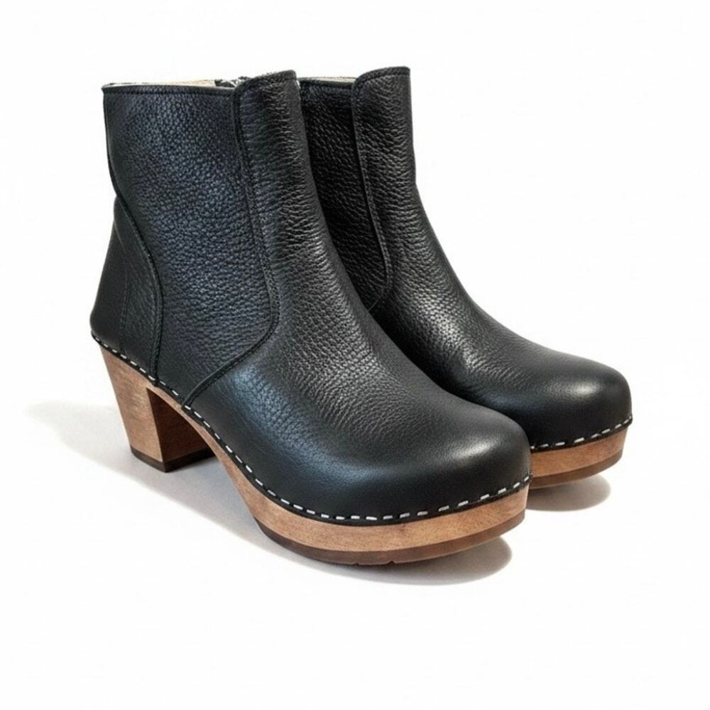Maguba Auckland Black Leather Wooden Clog Boots EU 40 US 9–9.5 Swedish